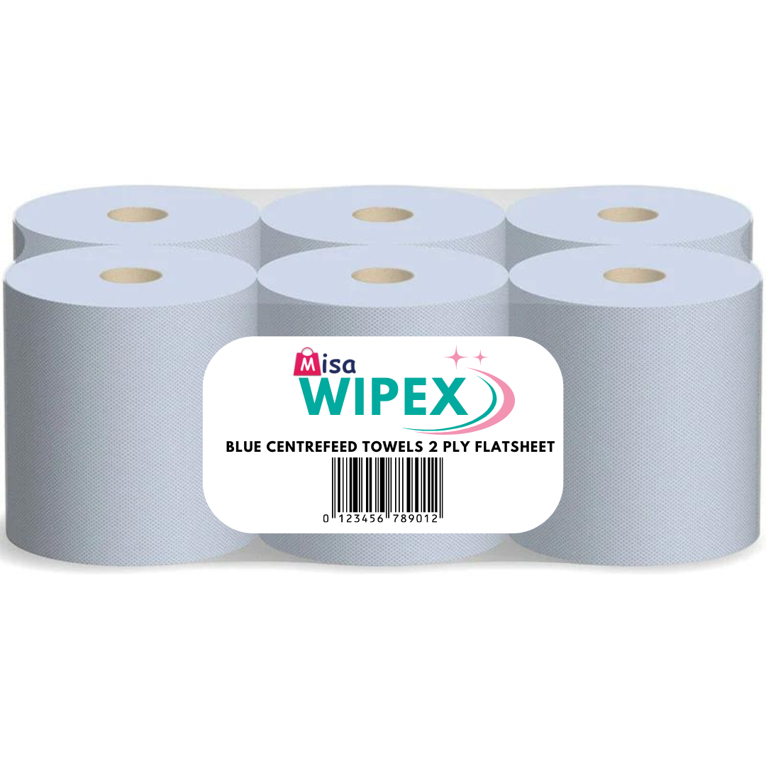 6 Rolls Misa Wipex Blue Centrefeed Towels 2 Ply Flatsheet Roll 150 Metre / Roll 6 Rolls Misa Wipex Blue Centrefeed Towels 2 Ply Flatsheet Roll 150 Metre / Roll